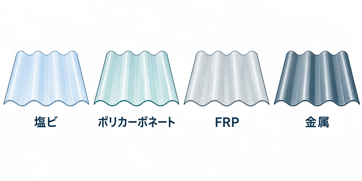 塩ビ・ポリカーボネート・FRP・金属の4種類の波板を示した模式図