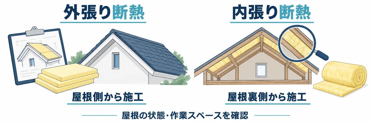 屋根側から施工する外張り断熱と屋根裏側から施工する内張り断熱の概念