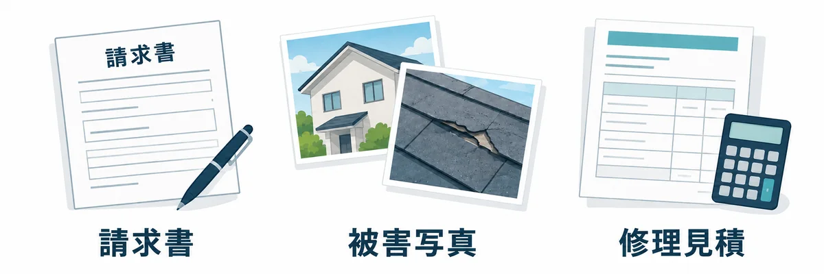保険金請求書、被害状況の写真、修理見積書の例