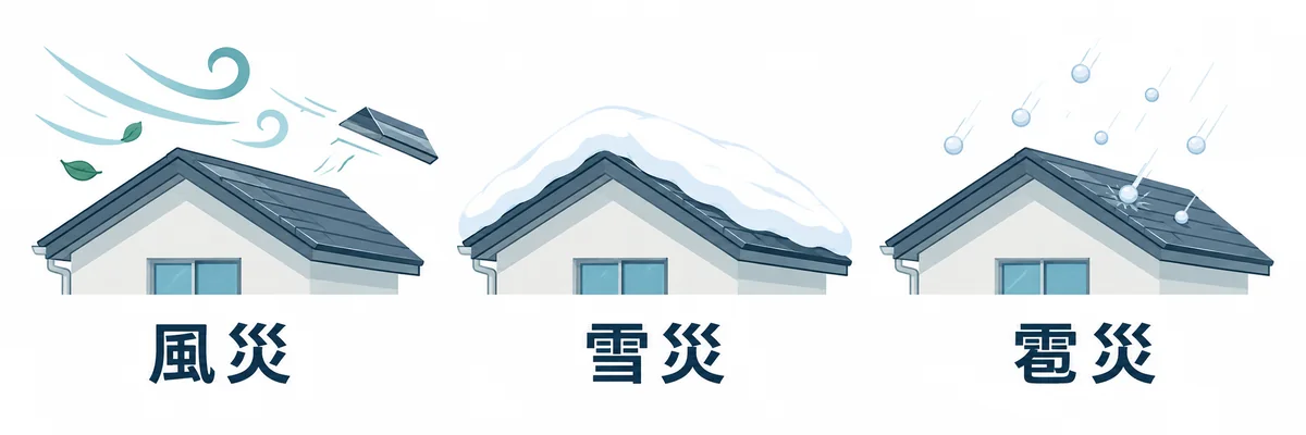 風災、雪災、雹災による屋根への影響の例