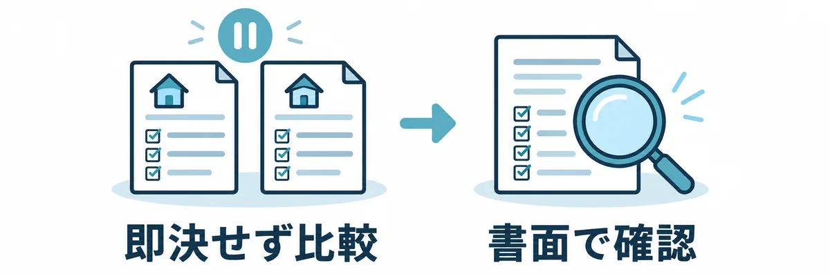 即決を避けて見積もりを比較し、契約内容を書面で確認する図