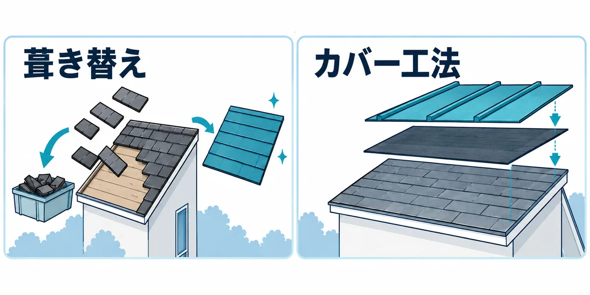 古い屋根材を撤去する葺き替えと、既存屋根材の上に重ねるカバー工法の違い