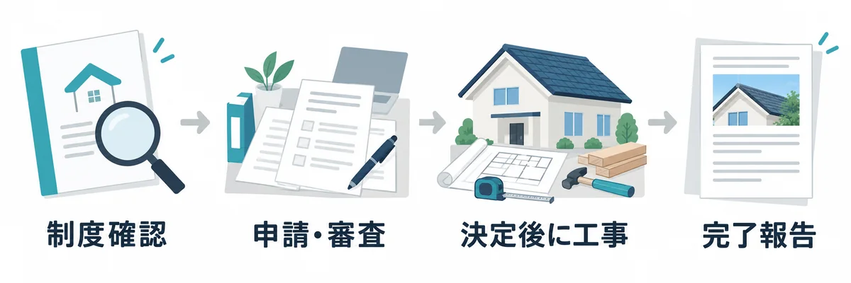 制度確認、申請と審査、交付決定後の工事、完了報告の流れの例