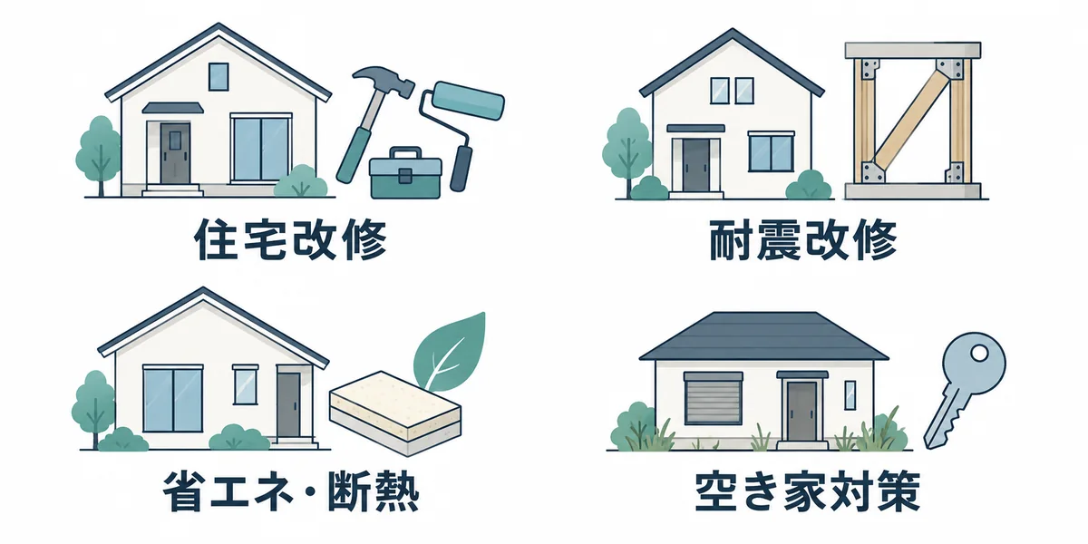 住宅改修、耐震改修、省エネと断熱、空き家対策という支援制度の目的の例