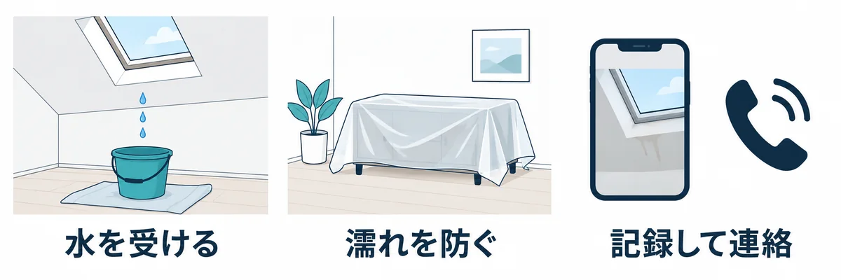 室内で水を受け、家具の濡れを防ぎ、記録して業者に連絡する応急対応