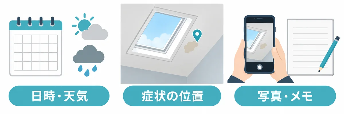 日時と天気、症状の位置、写真とメモを記録するイメージ