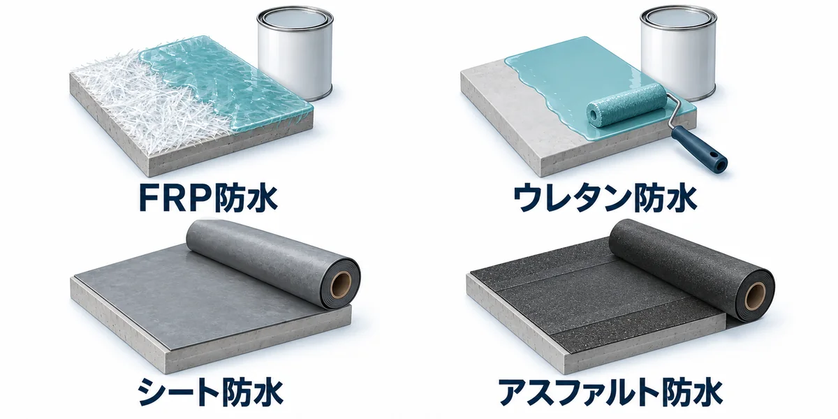 FRP、ウレタン、シート、アスファルトの4種類の防水材料の概念図