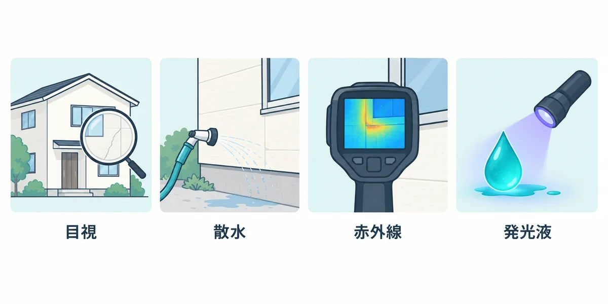 目視・散水・赤外線・発光液の4つの調査方法のイメージ