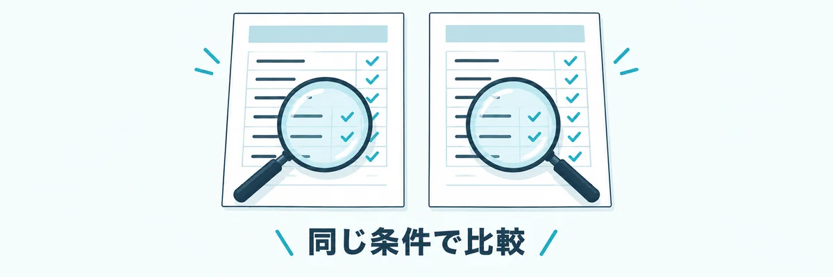 同じ条件の見積書を比較するイメージ