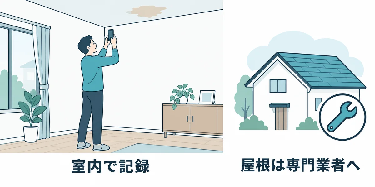 室内から天井の状態を記録する人と、屋根の点検を専門業者に任せる案内