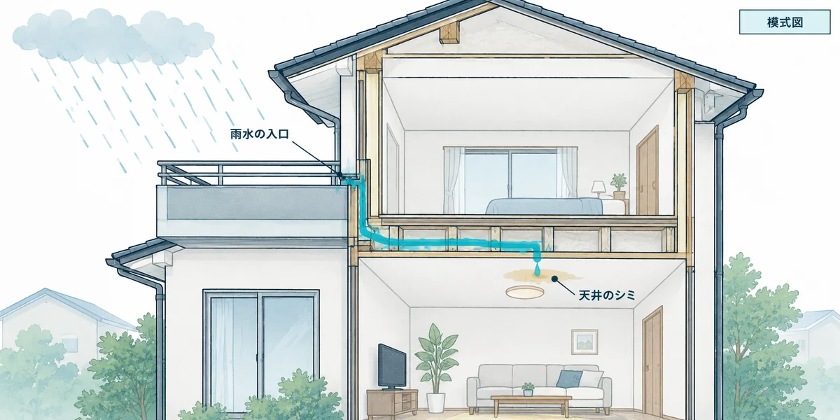 雨水の入口から建物内部を伝い、離れた位置の天井にシミができる模式図
