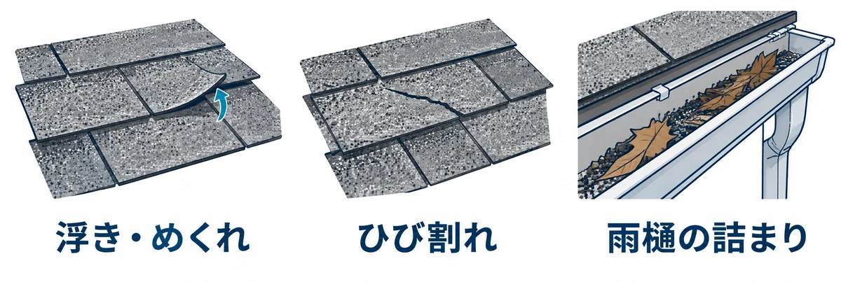 シングルの浮きやめくれ、ひび割れ、雨樋の詰まりを確認する模式図