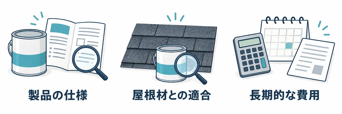 塗料の製品仕様、アスファルトシングルへの適合、長期的な費用を確認する図