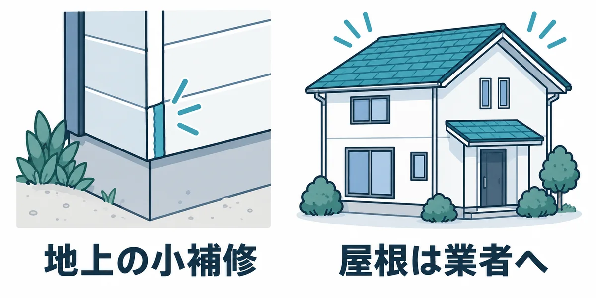 地上に近い狭い範囲の補修と業者への依頼を検討する屋根補修を対比した図。