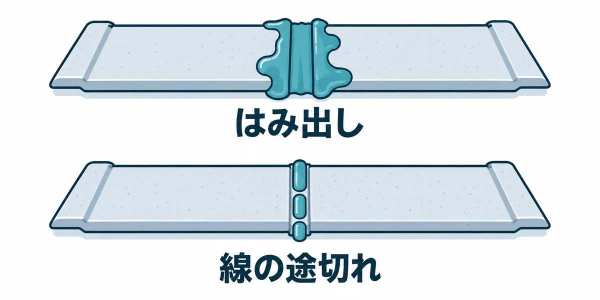 コーキングの失敗例である材料のはみ出しと線の途切れを比較した図。