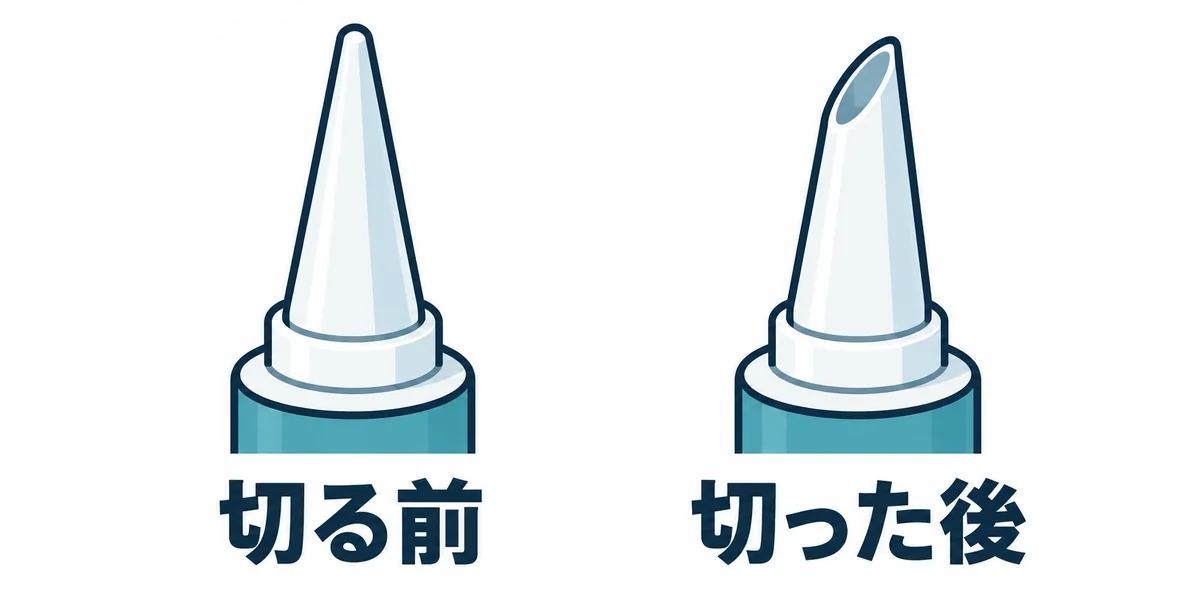 カット前後のノズル先端と吐出口の形を比較した図。