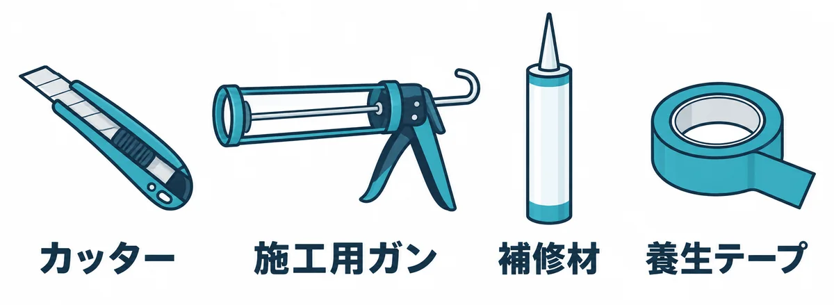 ノズルのカットとコーキング作業に使う道具や材料を並べた図。