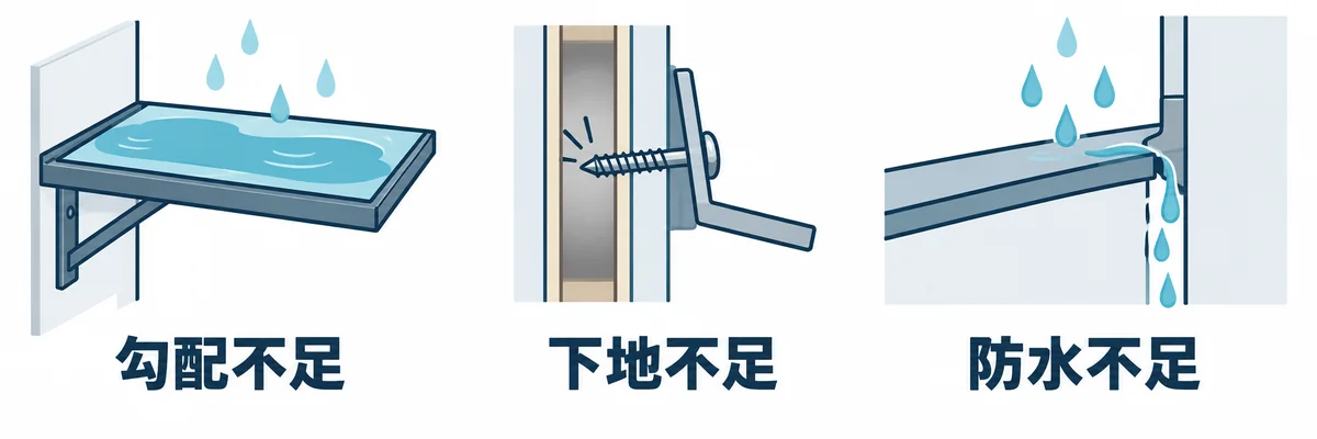 庇の勾配不足、下地不足、防水不足によって生じる不具合を示す図。