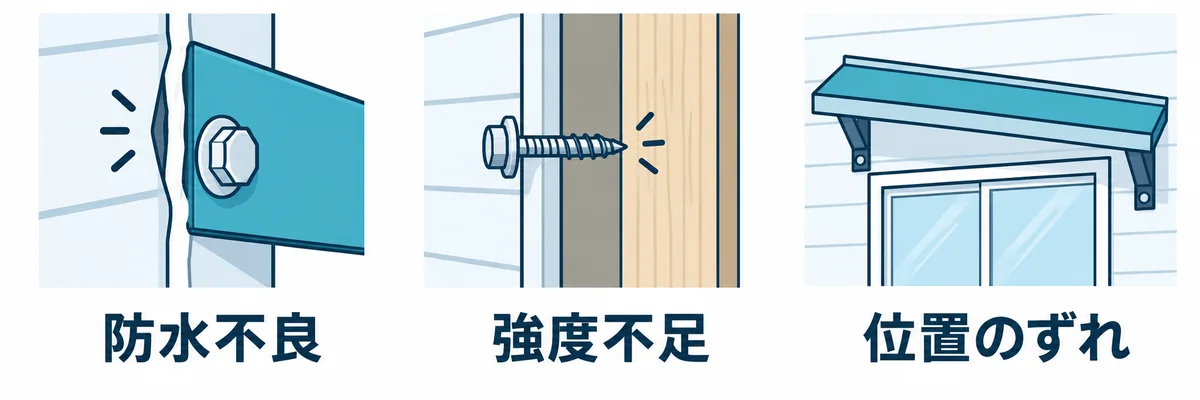 庇の後付けで失敗しやすい防水と固定強度と設置位置を示す図。
