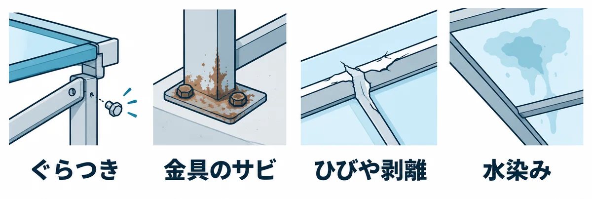 庇の点検で確認するぐらつきや金具や防水材や水染みを示す図。