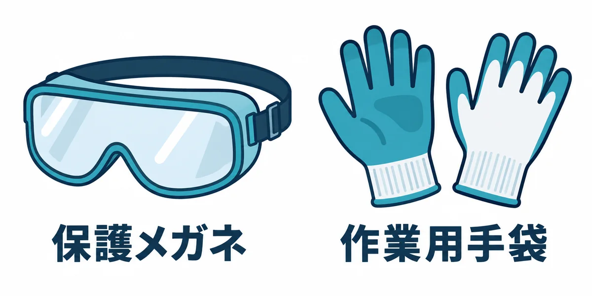庇の作業時に着用する保護メガネと作業用手袋を示す図。