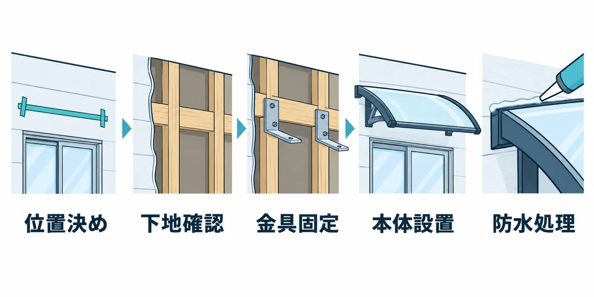 庇の位置決めから防水処理までの施工手順を示す図。