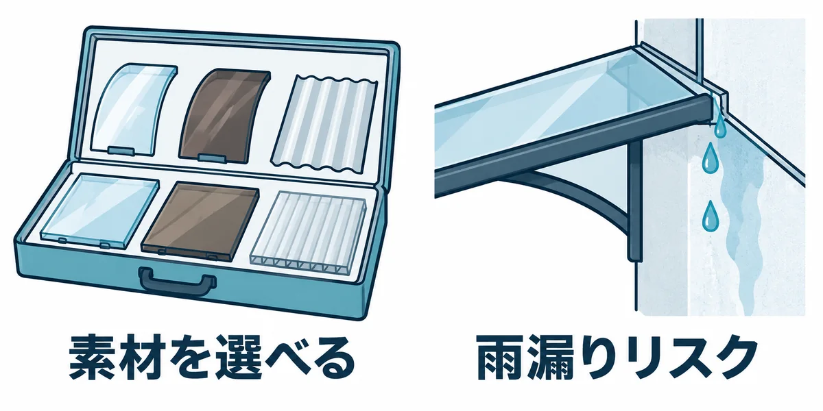 庇の素材を選べる利点と施工不良による雨漏りのリスクを対比する図。
