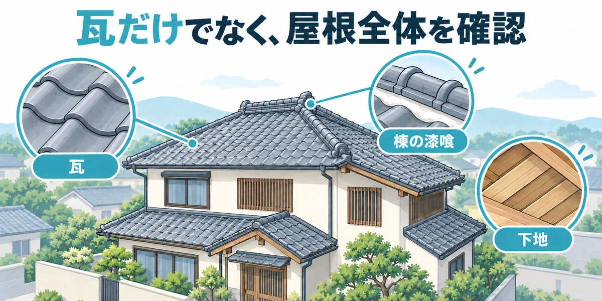 瓦・棟の漆喰・下地など、屋根全体を確認する概念図
