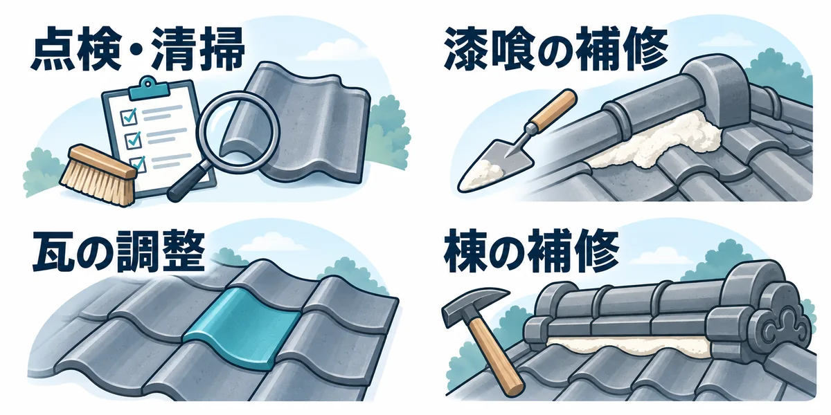 瓦メンテナンスの工事例である点検と清掃・漆喰の補修・瓦の調整・棟の補修