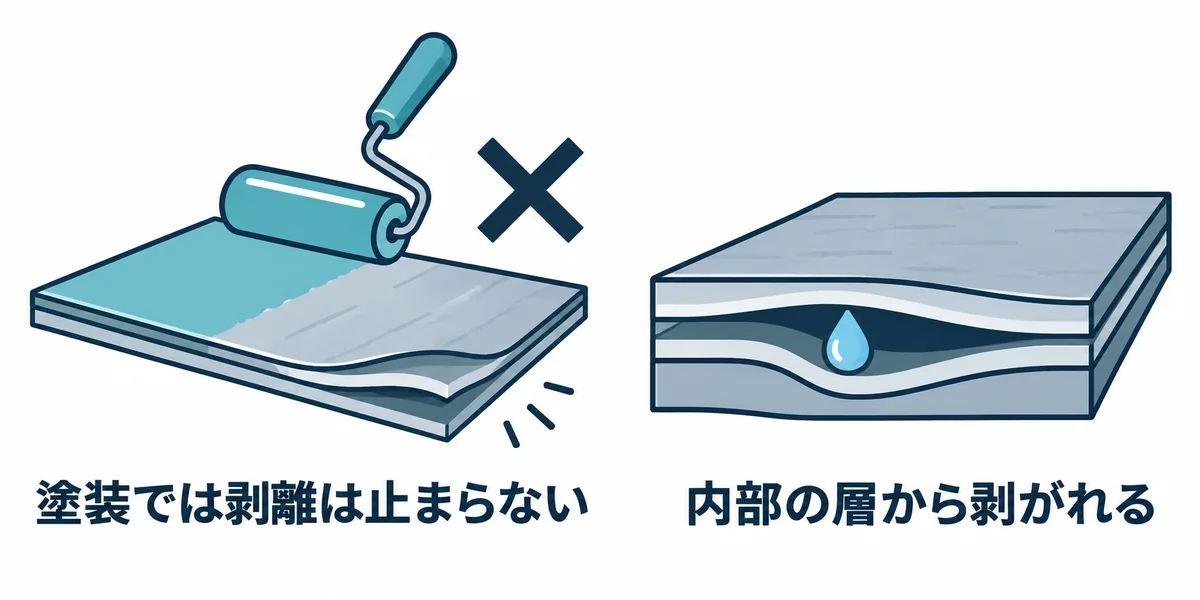 塗装では層間剥離を止められず、内部の層から剥がれが進むことを示す図