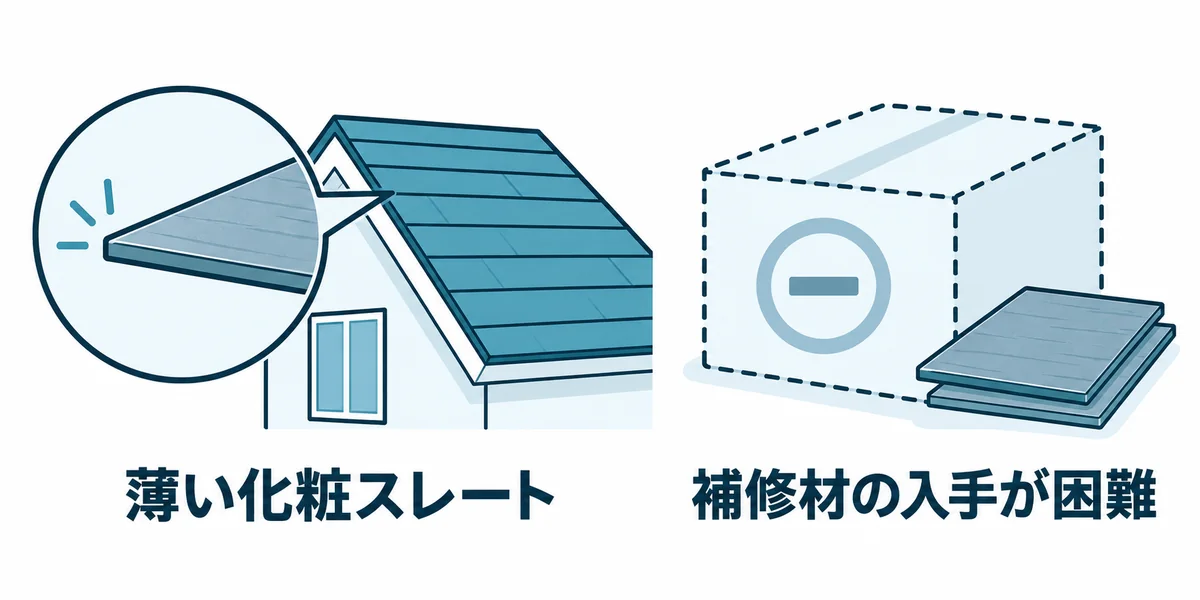 薄い化粧スレート屋根材と、補修用の材料が入手しにくいことを示す図