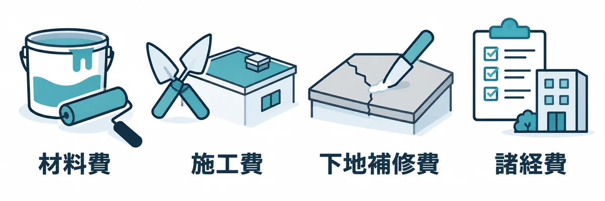 陸屋根の防水工事の費用内訳である材料費・施工費・下地補修費・諸経費