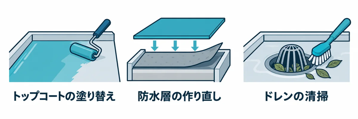 陸屋根の防水メンテナンスであるトップコートの塗り替え・防水層の作り直し・ドレンの清掃