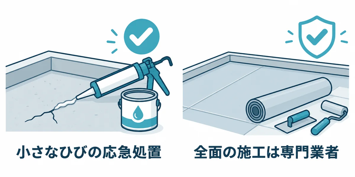 小さなひび割れの応急処置と、全面の防水施工は専門業者に任せる考え方