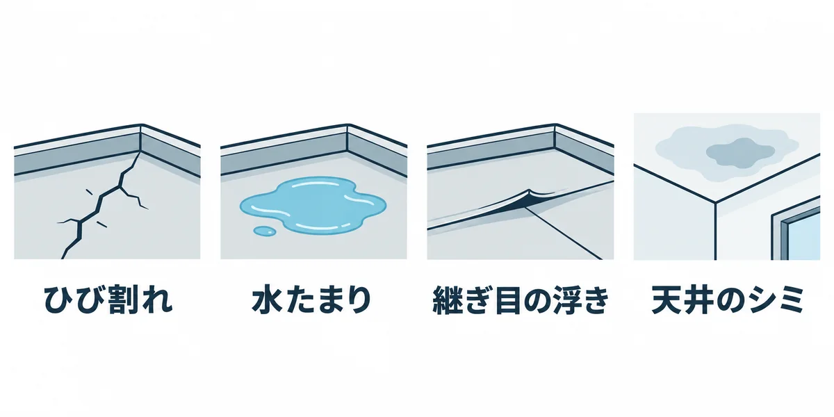 陸屋根の防水で点検が必要なひび割れ・水たまり・継ぎ目の浮き・天井のシミ