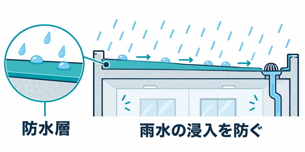 陸屋根の防水層が雨水の浸入を防ぐ役割を示す断面図