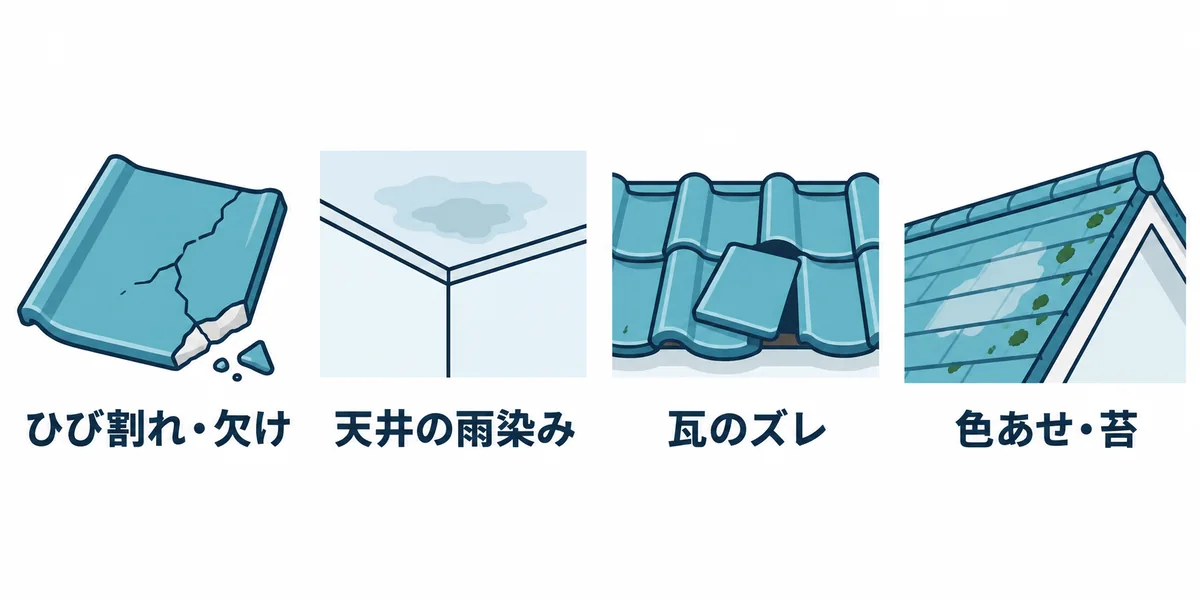 葺き替えを検討するサインであるひび割れや欠け・天井の雨染み・瓦のズレ・色あせや苔