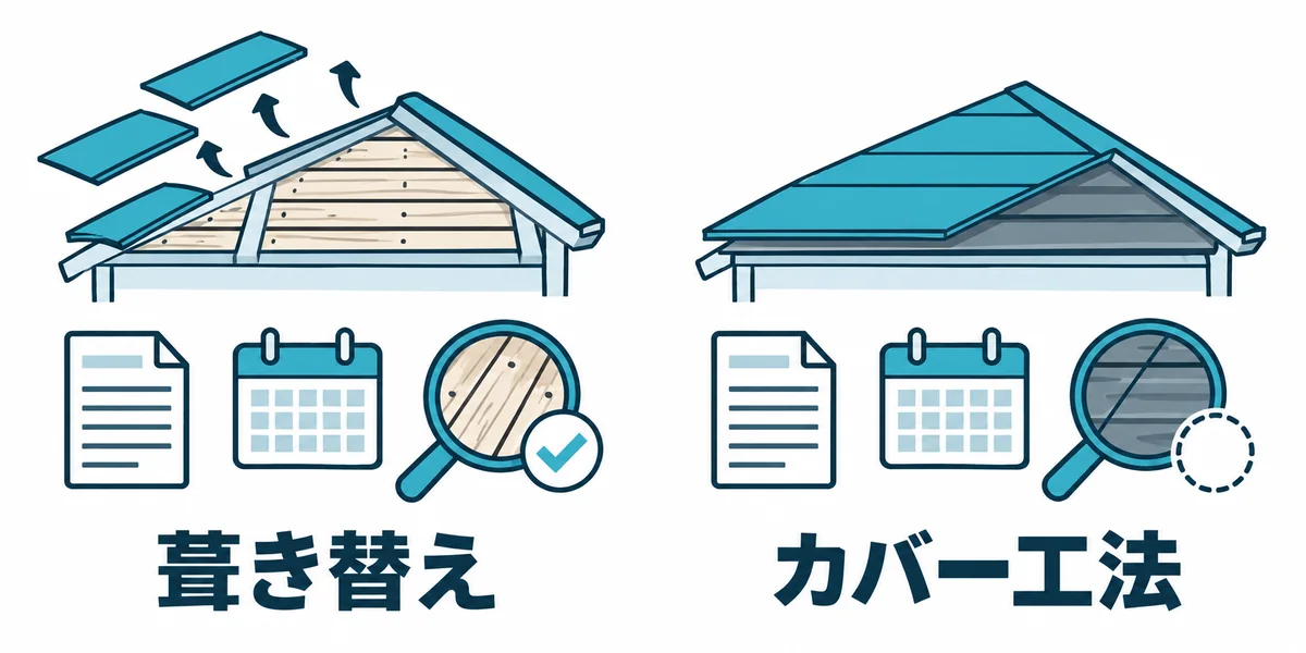 葺き替えとカバー工法を費用・工期・下地の確認のしやすさで比べる図