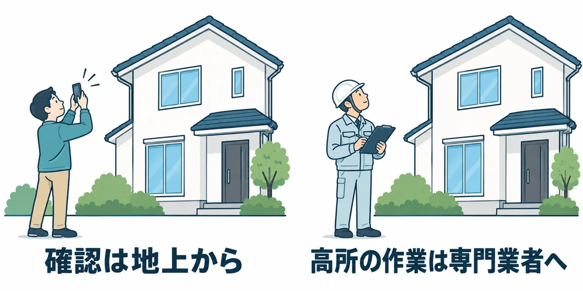 地上から外観を確認する住人と、高所作業を専門業者に任せる案内