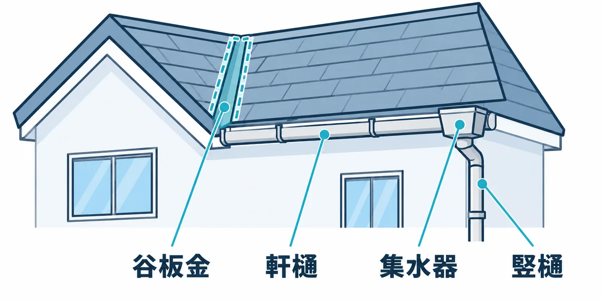 谷板金、軒樋、集水器、竪樋の位置を示す屋根の模式図