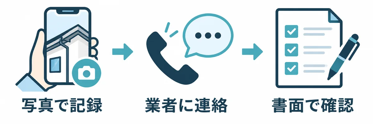 工事で気になる点を写真で記録し、業者に連絡して書面で確認する流れ