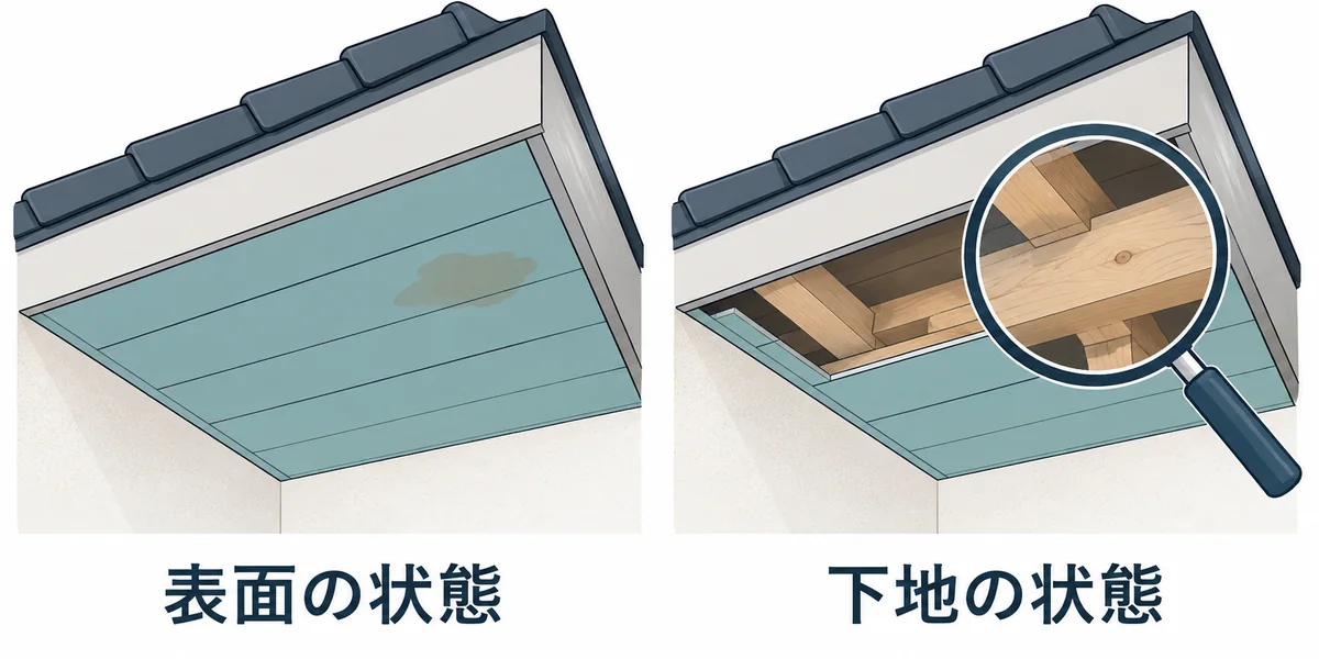 軒天の表面だけでなく板の裏側の下地も確認する概念図