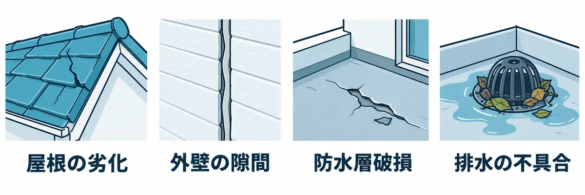 賃貸物件で雨漏りが起きる主な原因箇所を示す図