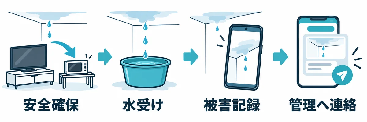 賃貸物件で雨漏りを発見したときの初動対応を示す図