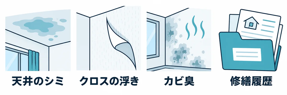 賃貸物件の内見時に確認したい雨漏り予防のチェック項目を示す図