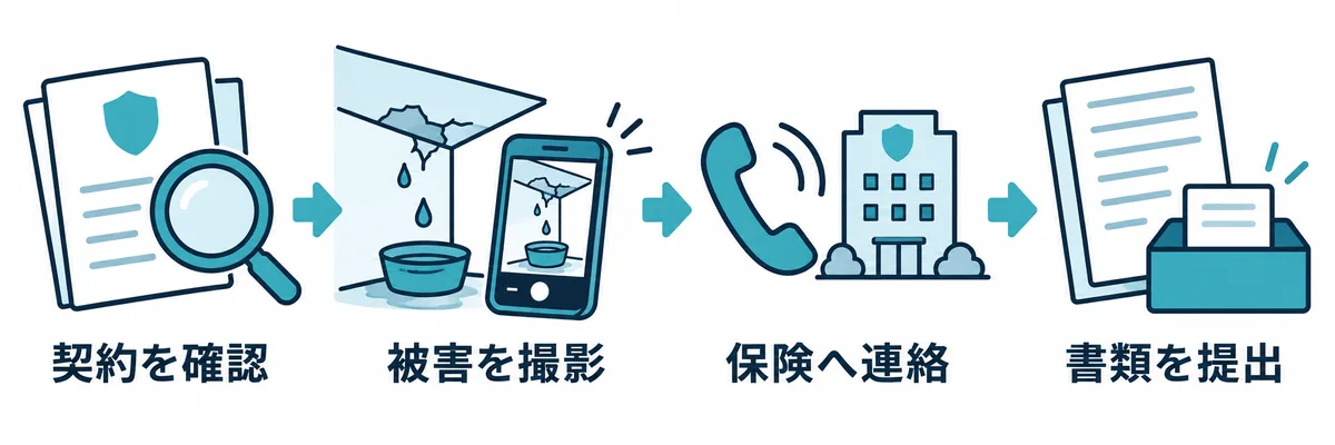 雨漏りで家財が被害を受けたときの保険申請の流れを示す図