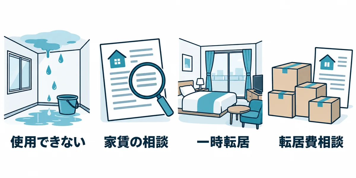 雨漏りで部屋を使えない場合に検討する家賃や転居の対応を示す図