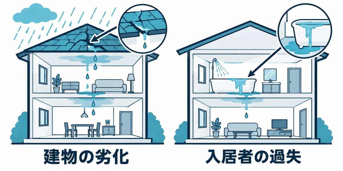 雨漏りの原因によって修理費用の負担者が変わる考え方を示す図