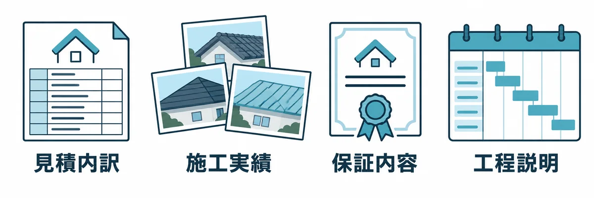 葺き替えを依頼する業者を選ぶ際の確認項目を示す図