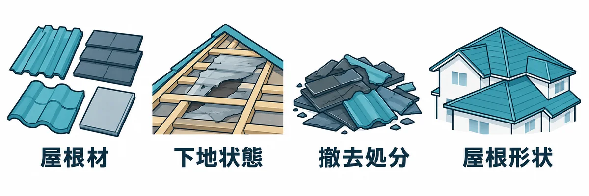葺き替え工事の費用を左右する主な要素を示す図